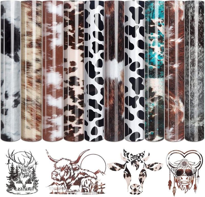 Tintnut Cowhide HTV Vinyl - 10 Sheets 12 x 10 inches Brown Heat Transfer Vinyl Animal Printed Patterned HTV Iron on Vinyl for T-Shirts DIY Compatible with Cricut or Silhouette Cameo - Image 1
